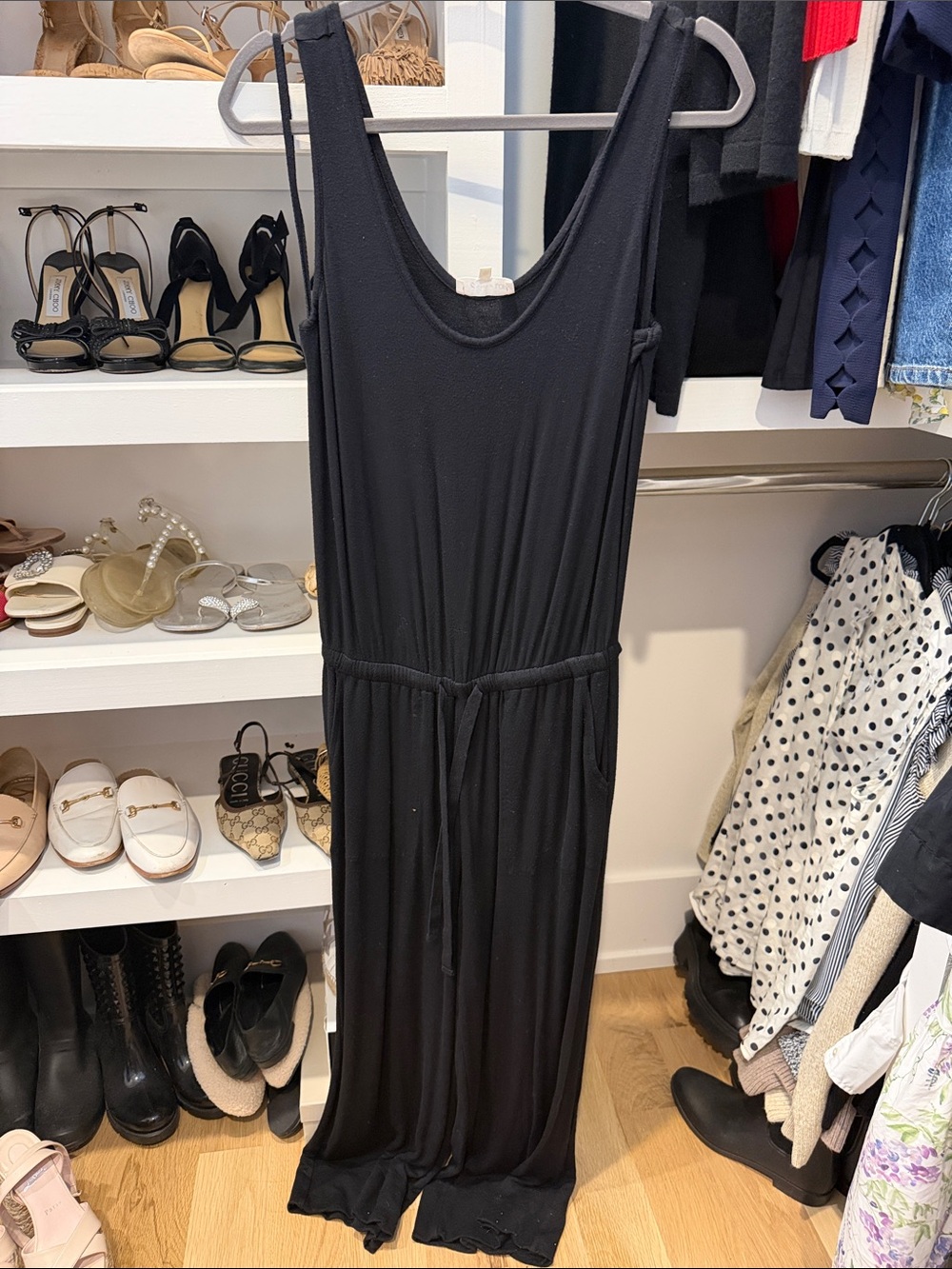 Black Sleeveless Long Jumpsuit with Tie Waist - very soft!